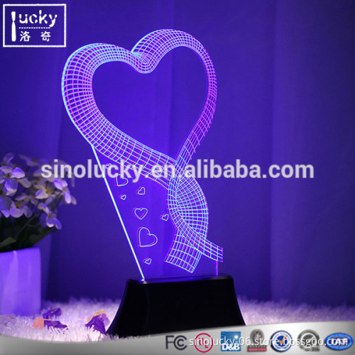 High 3d illusions lighting heart shape colorful 3d led night light with remote control